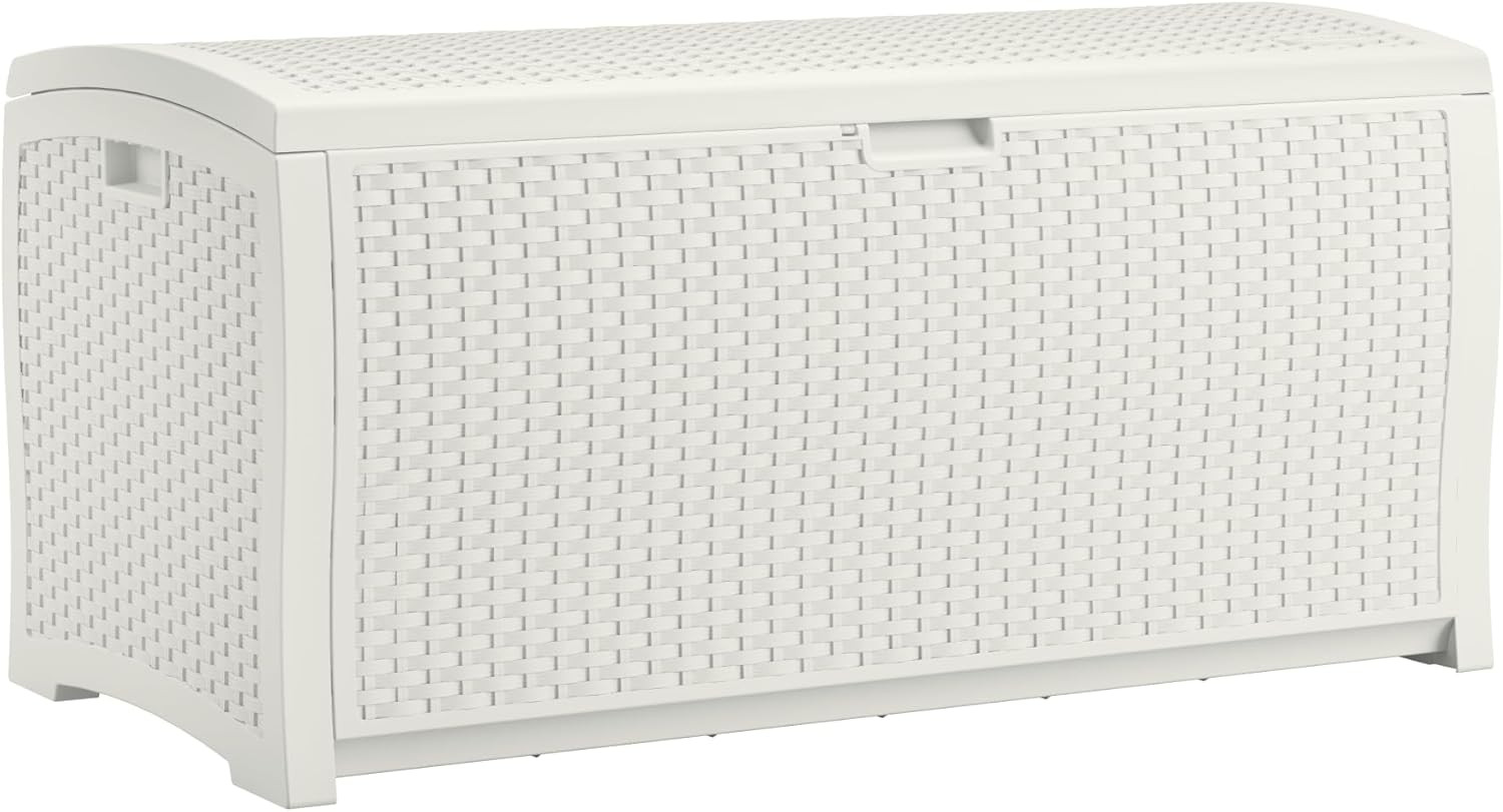 Suncast 99 Gallon Wicker Horizontal Outdoor Deck Box with Hinged Lid, Water-Resi gallery