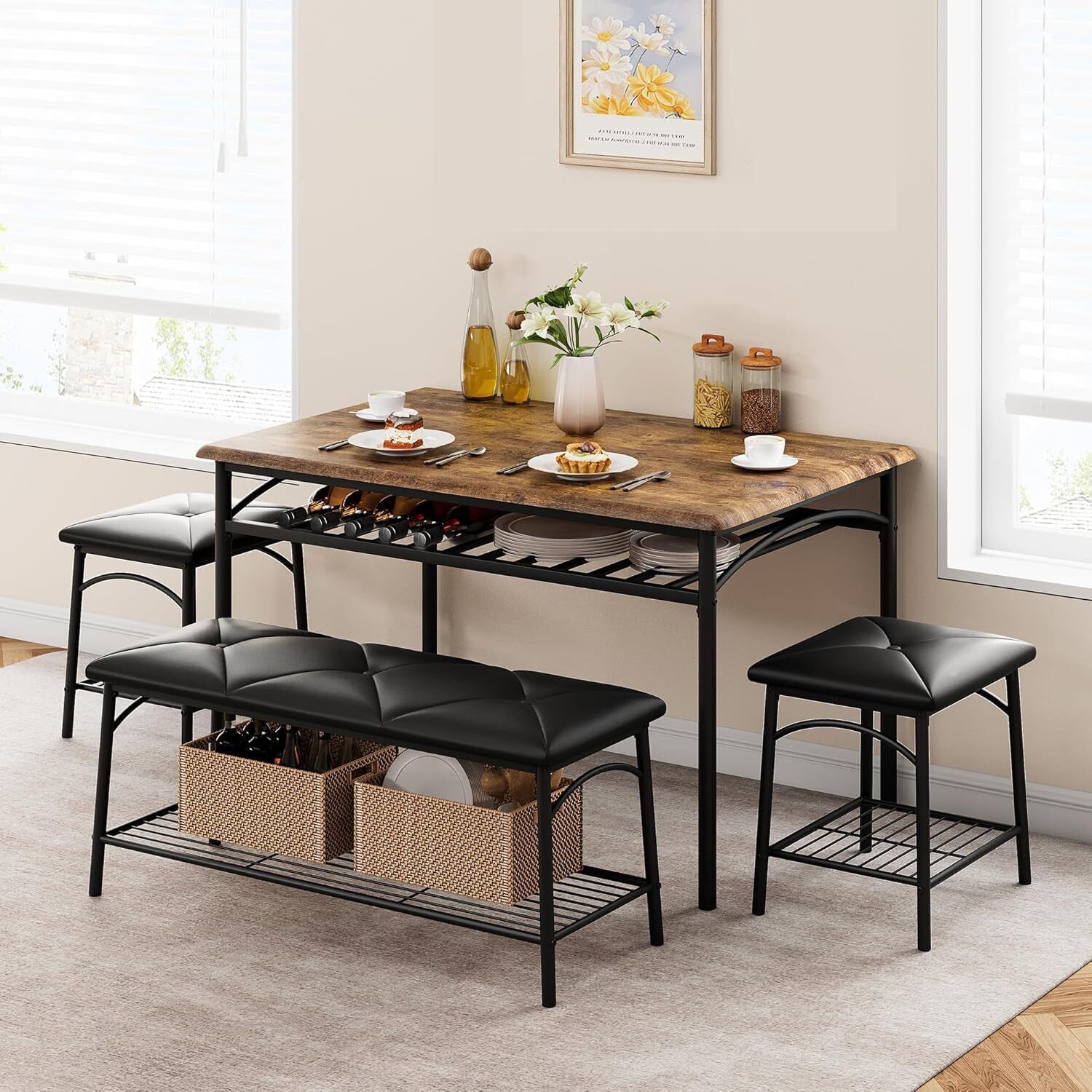 ☑️Kitchen Table Set for 4 Dining Table with Bench and 2 Square Stools Storage gallery
