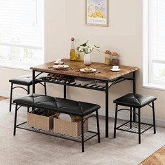 ☑️Kitchen Table Set for 4 Dining Table with Bench and 2 Square Stools Storage