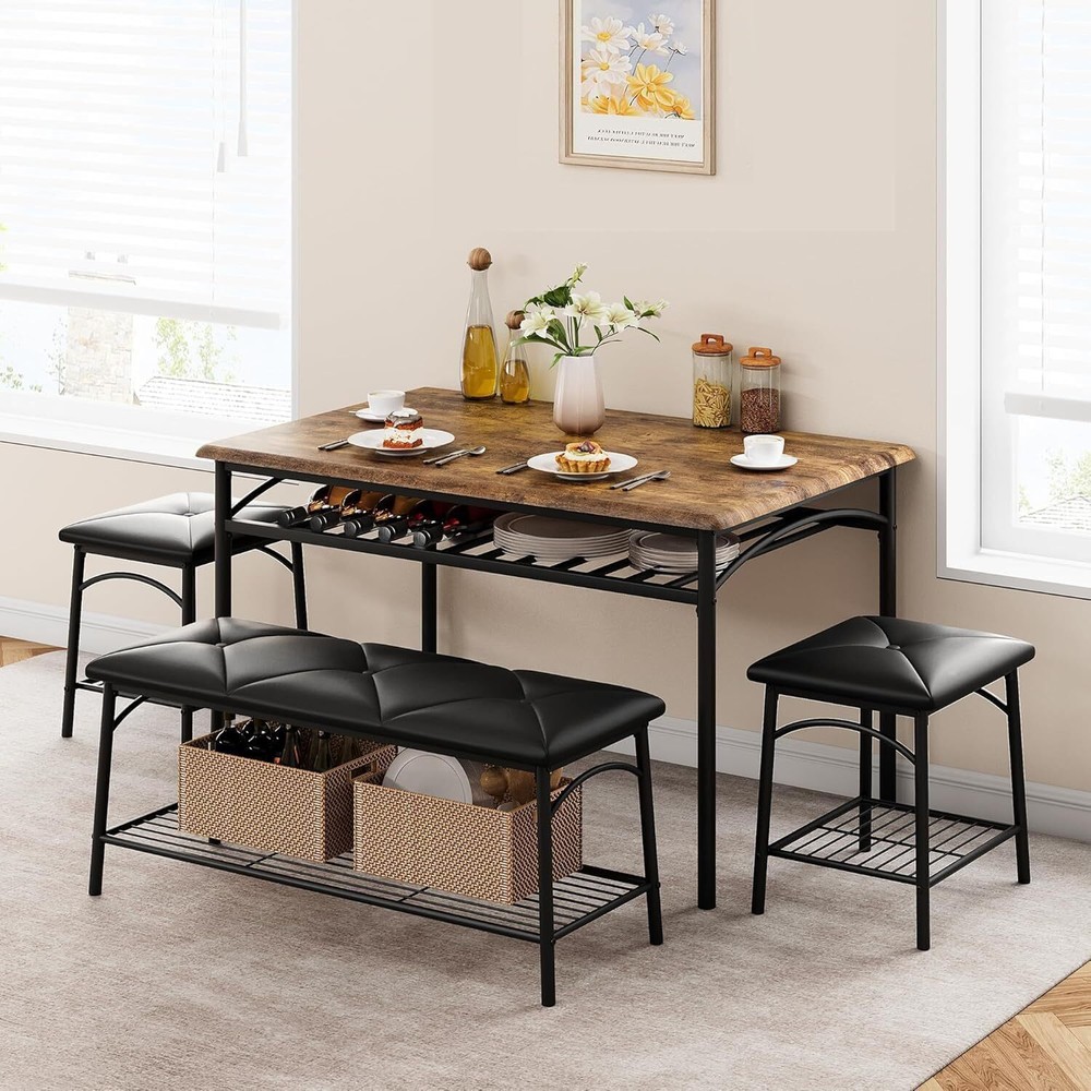 Kitchen Table Set for 4 Dining Table with Bench and 2 Square Stools Storage