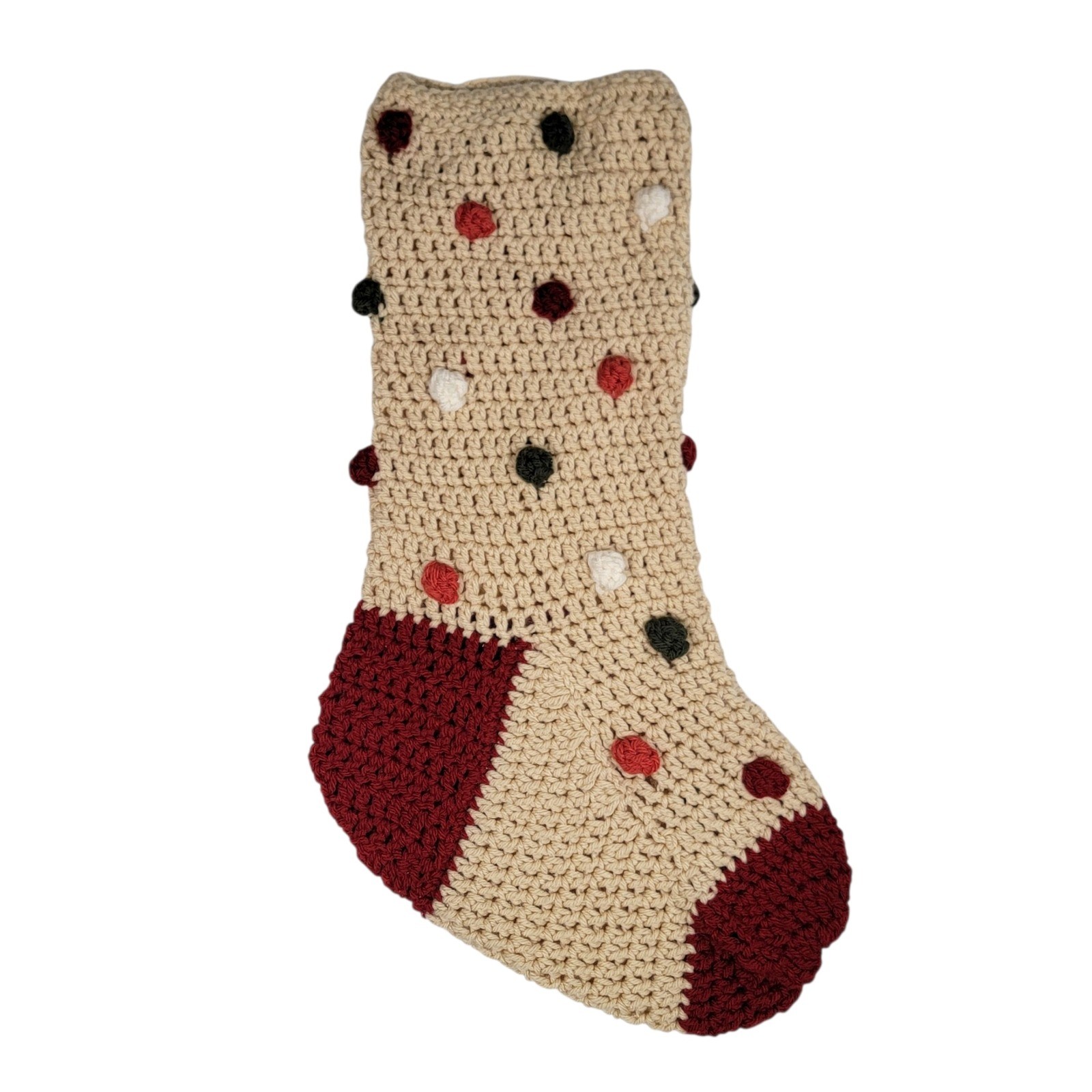 Crochet Christmas Stocking 20" Beige Red Green White Hand Knit Holiday Retro gallery