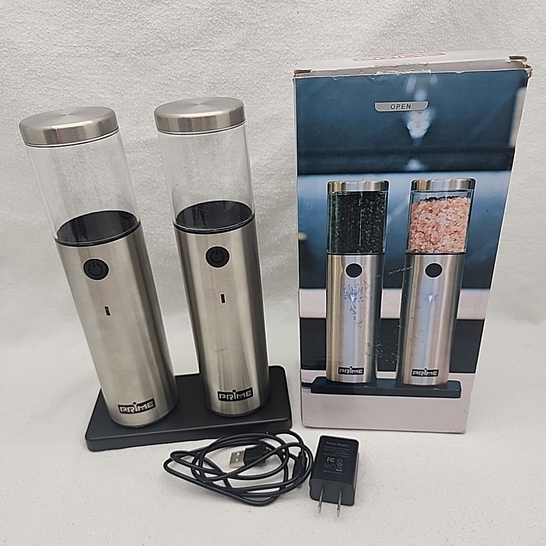 Salt and Pepper Grinder Set With Charging Base USB Brushed Chrome PRIME Electric gallery