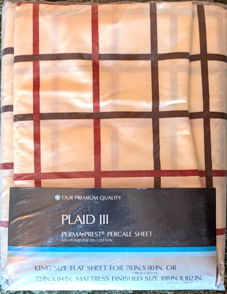 Vtg Sears Roebuck Plaid III Brown Rust King Size Flat Sheet Sealed Perma Prest M gallery