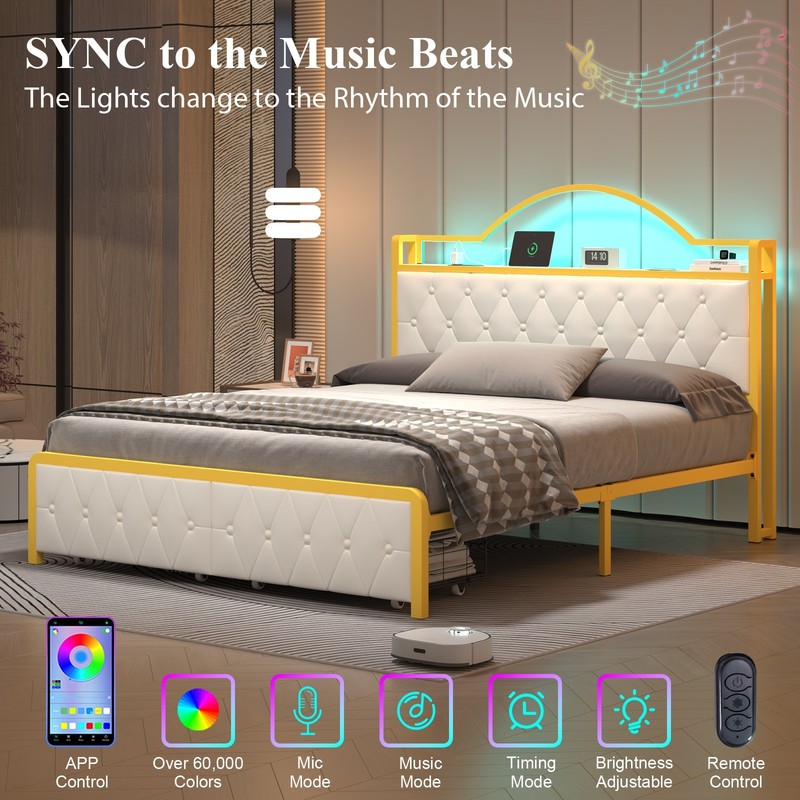 Full Upholstereded Bed Frame with 2 Storage Drawers, LED Lights,With Charging gallery