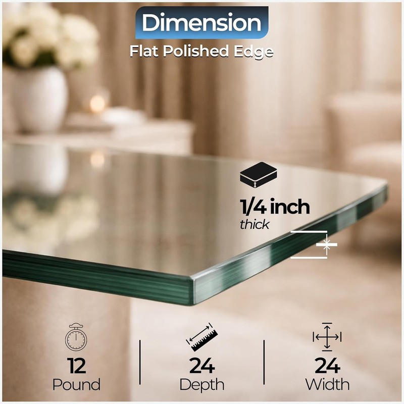 24" inch Square Tempered Glass Table - 1/4 inch Thickness & Flat Polished Edge gallery