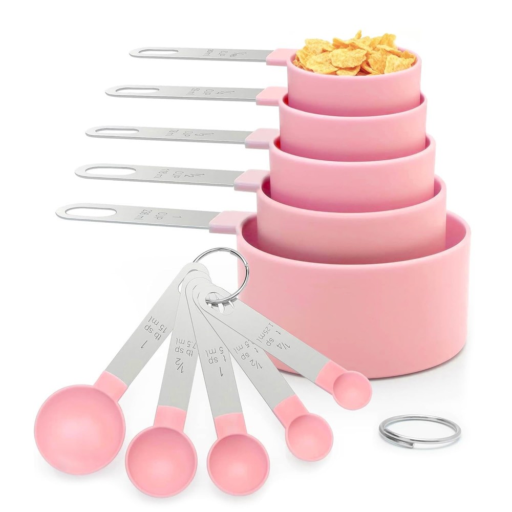 Pink Stackable 10-Pc Measuring Cups & Spoons Set, Stainless Steel Handles