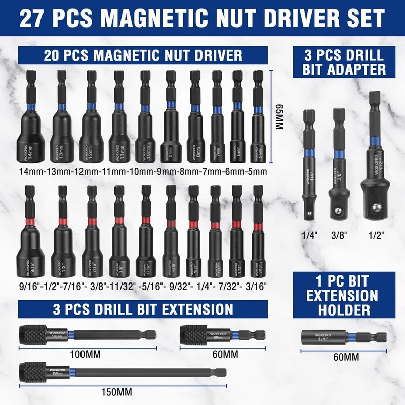 WORKPRO 27PC Magnetic Nut Driver Set SAE&Metric Impact Drill Driver Bit 1/4" Hex gallery