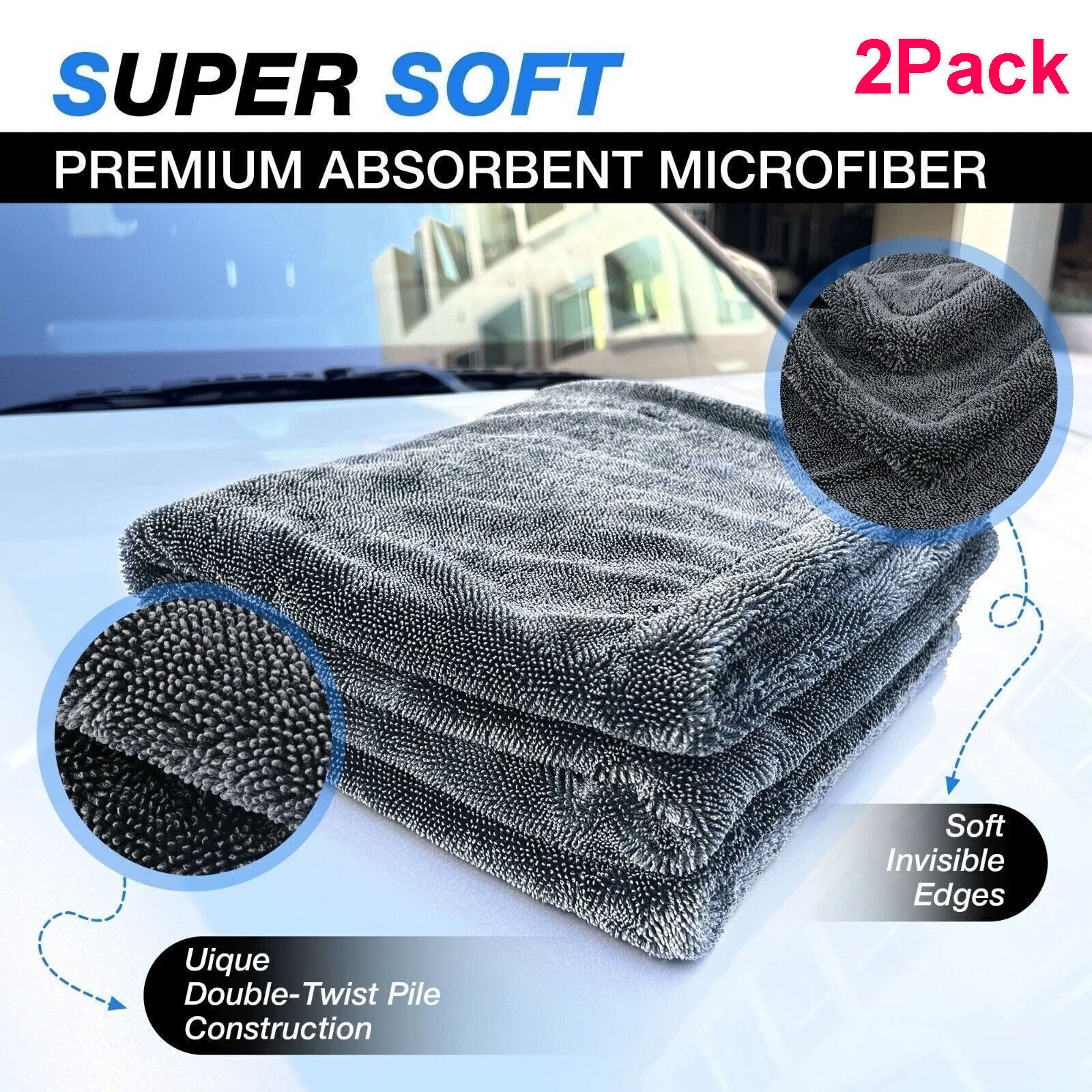 2Pack Water Absorbing Car Wash Microfiber Drying Towel Twisted Loop 24 x 35" gallery