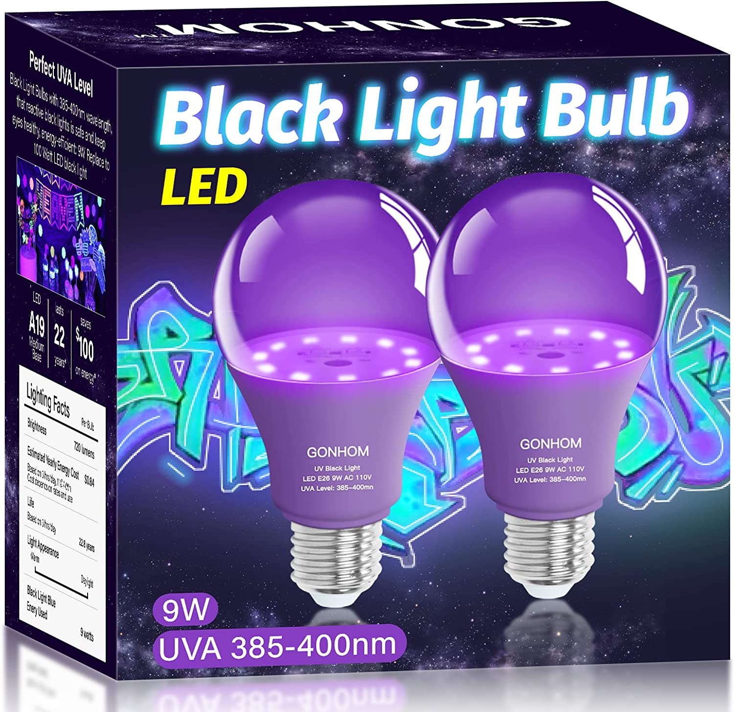 2 Pack A19 LED Black Light Bulbs, 9W Black Light Light Bulb(100Watt Equivalent) gallery