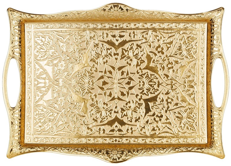 Engraved Turkish Tea and Coffee Serving Tray - Decorative Gold Rectangular Tr... gallery