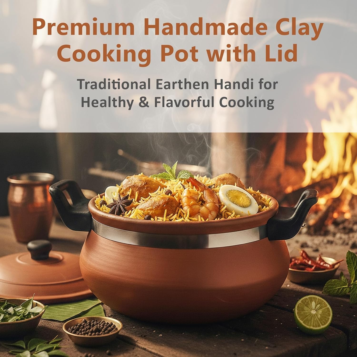Clay Cooking Handi with Lid Terracotta Earthen Pot for Curry & Dal Handi - 1 L gallery