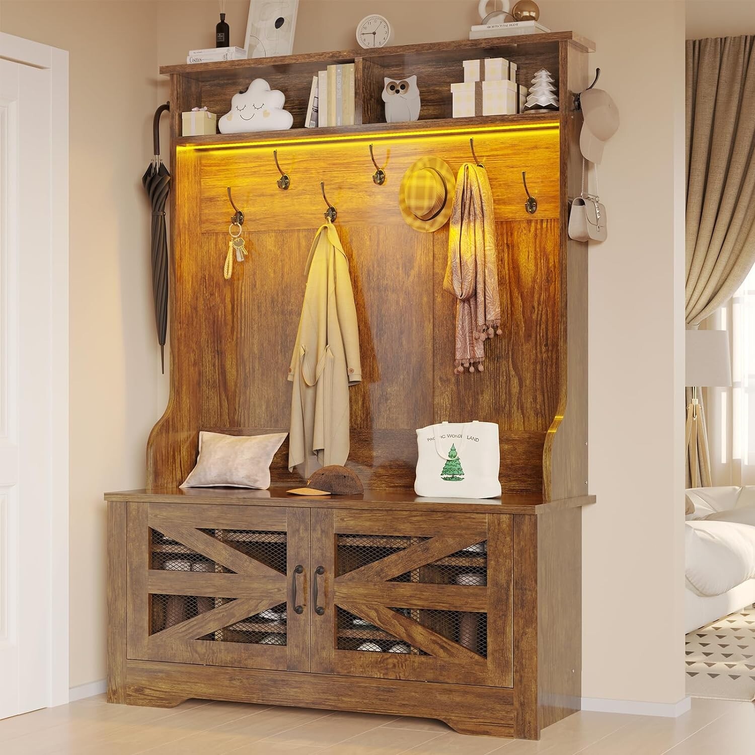 Hall Tree with Bench &Shoe Storage, 5-in-1 Entryway Bench with 9 Coat Hooks gallery