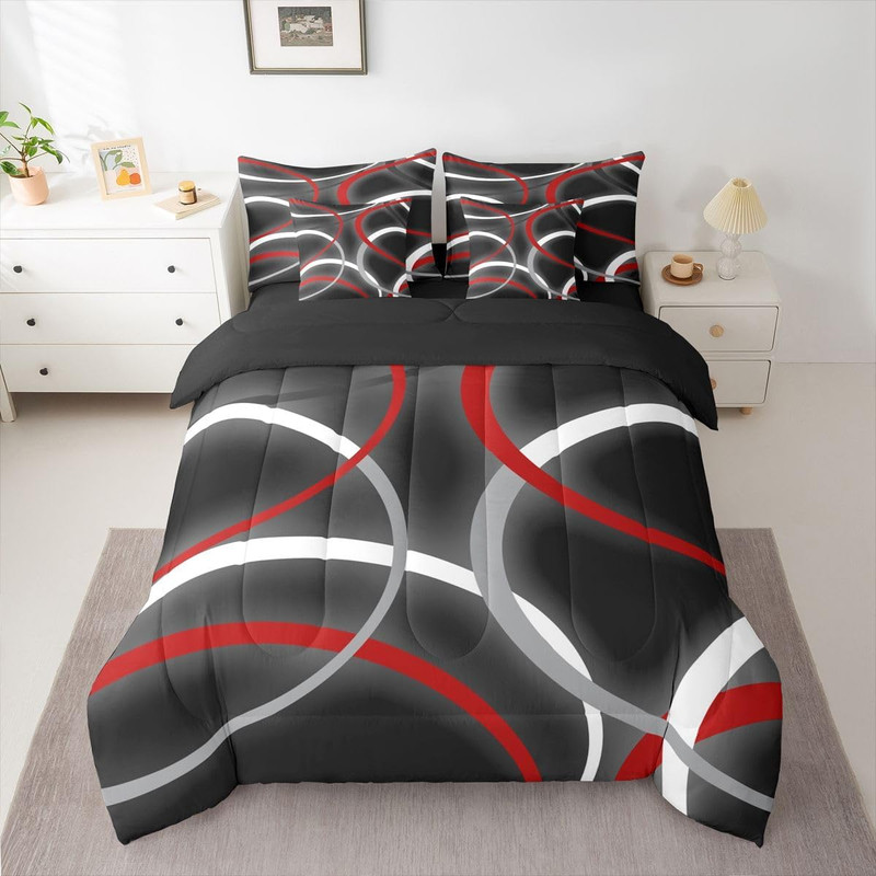 Red Geometric Comforter Set Queen Size 7 Pieces Modern Bedding gallery