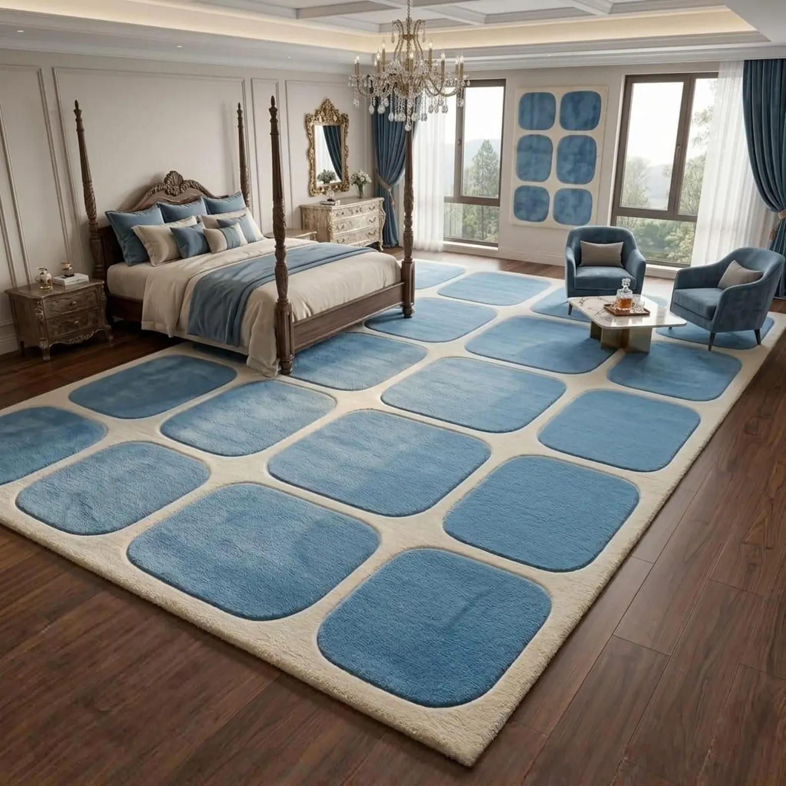Hand Tufted Wool Area Rug Blue Geometric Design Custom Size Modern Home Decor6x9 gallery