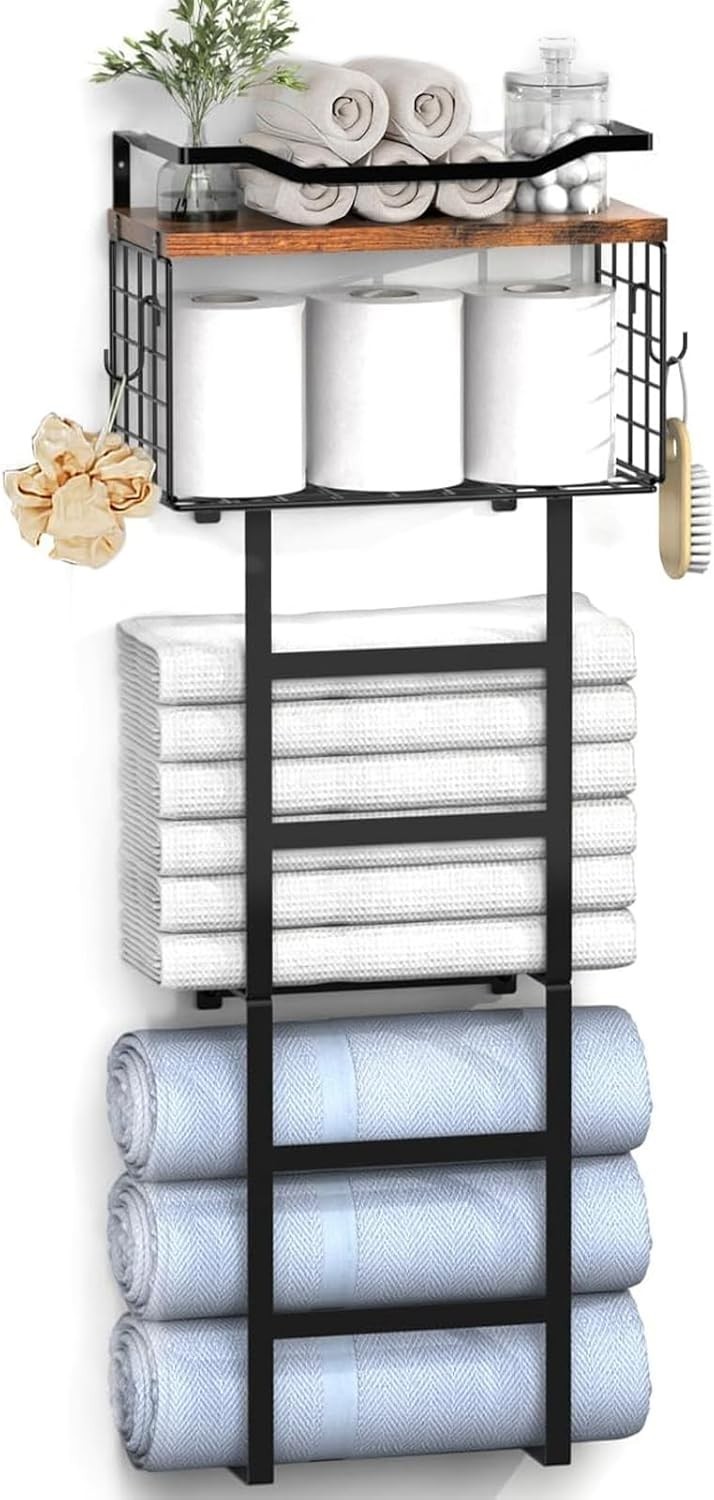 Elegant 34IN Wall-Mounted Towel Rack & Organizer with 2 Shelf and Basket gallery
