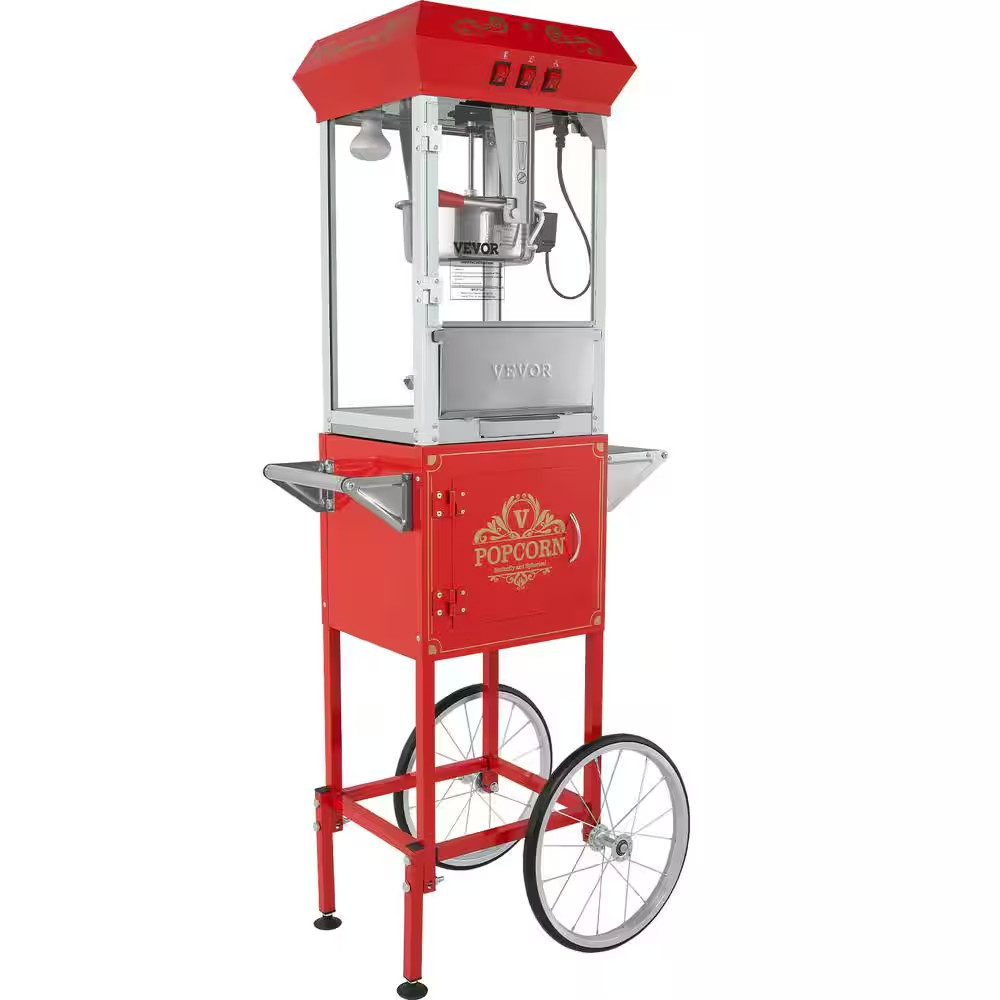 850-Watt 8 Oz. Red Popcorn Maker on Wheels Kettle Commercial Popcorn Machine wit gallery