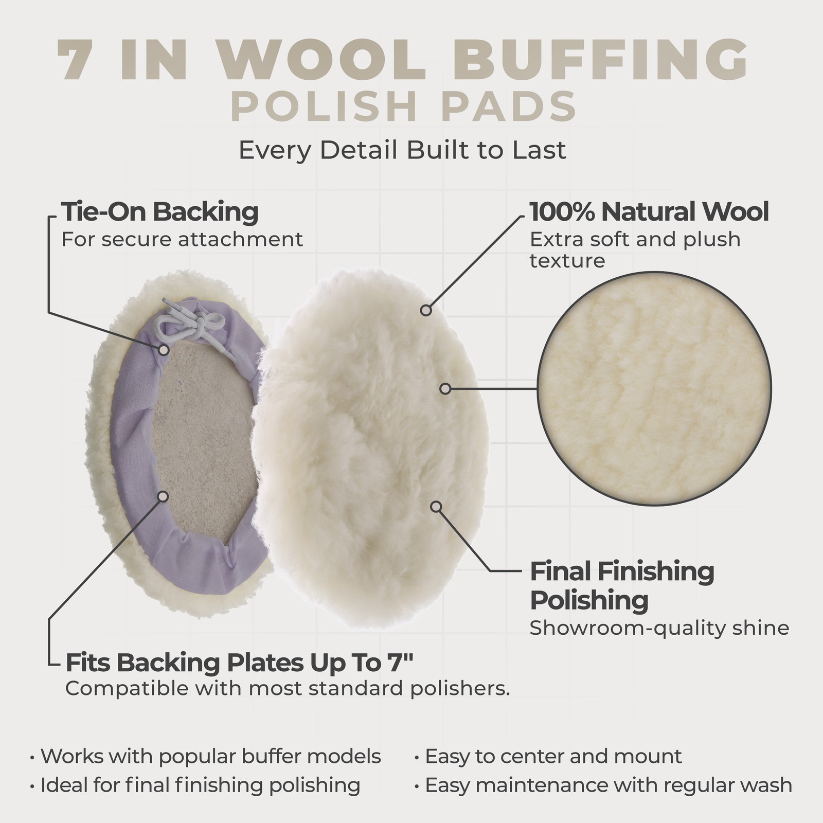 7" Natural 100% Wool 1" Pile Buffing & Polishing Pad Bonnet (Pack of 2) gallery