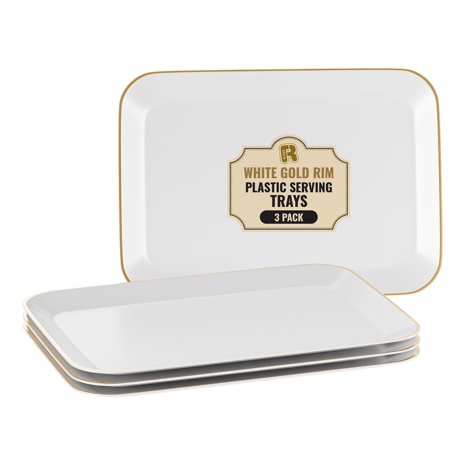 Plastic Serving Trays 3 Pack White And Gold 8x11 Inch Rectangular Party gallery