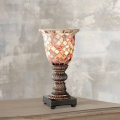 Traditional Uplight Accent Table Lamp 12″ High Bronze Mosaic Ivory Glass Bedroom