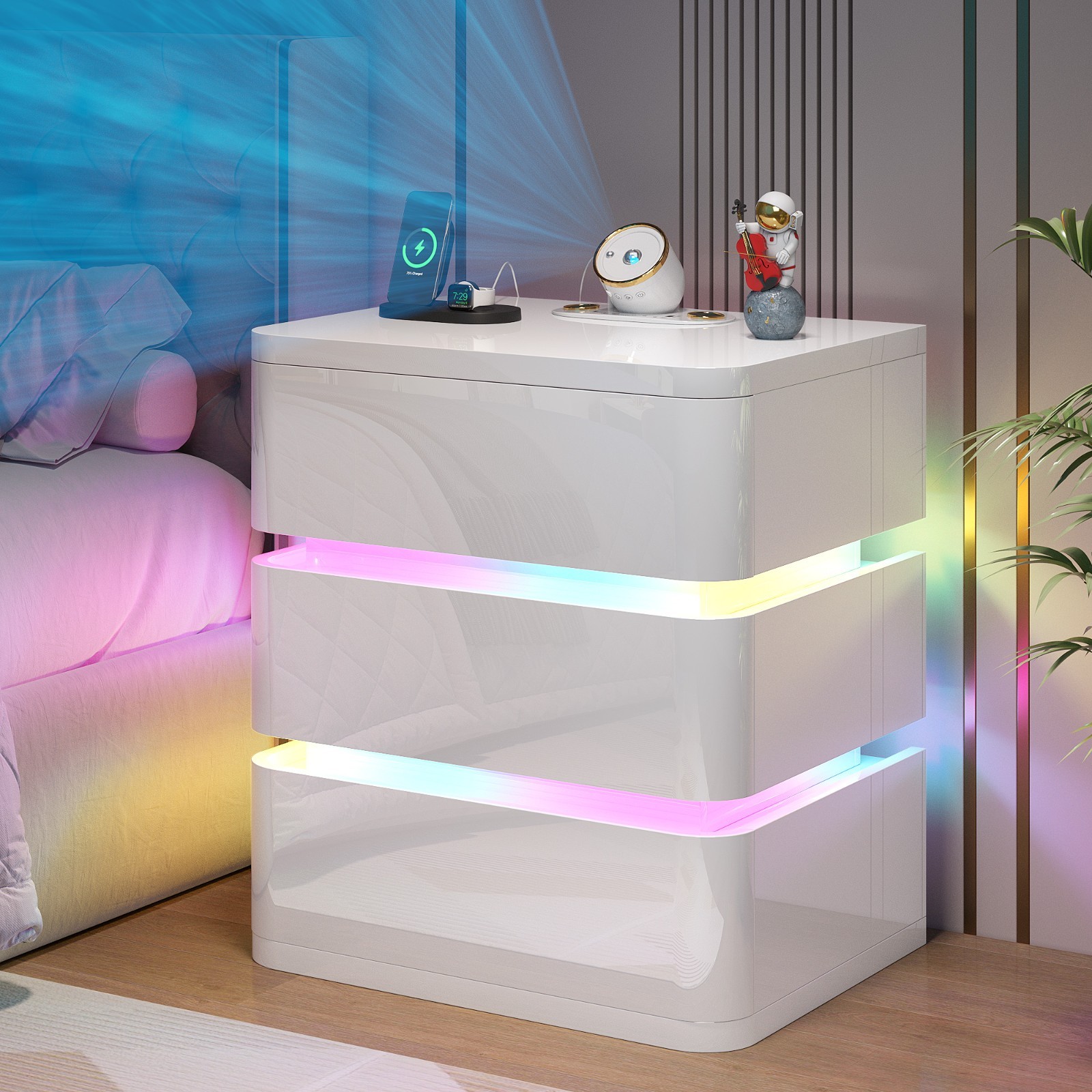 RGB Nightstand with Galaxy Projector, Fully Assembled 3 Drawers Bedside Table gallery