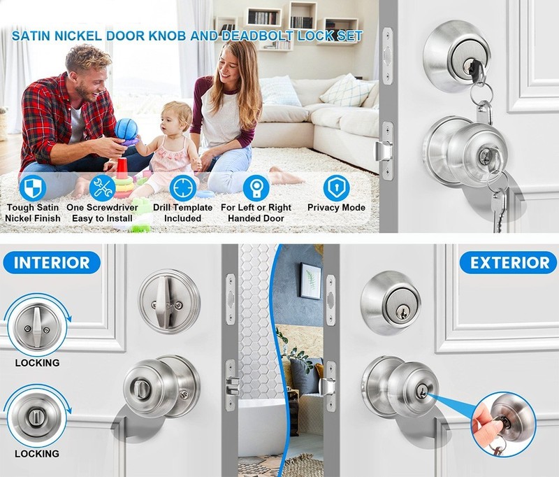 4 PACK KEYED ALIKE DOOR KNOBS LOCK DEADBOLT HEAVY DUTY EXTERIOR ROUND HANDLE SET gallery