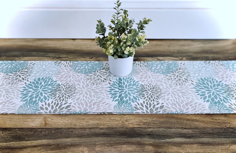 Gray Table Runner Floral Home Decor Table Centerpiece Blue Tan Beige Table Linen gallery