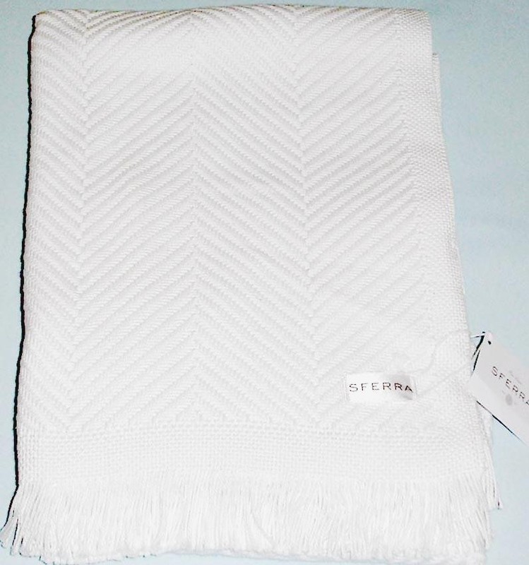 Sferra Costa Solid White Cotton Throw Blanket Herringbone Weave/Fringe 50x70 New gallery