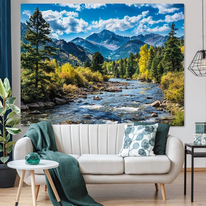 Forest Tapestry, Mountain Pine Trees, River Landscape, Wall Hanging, Multicolor gallery