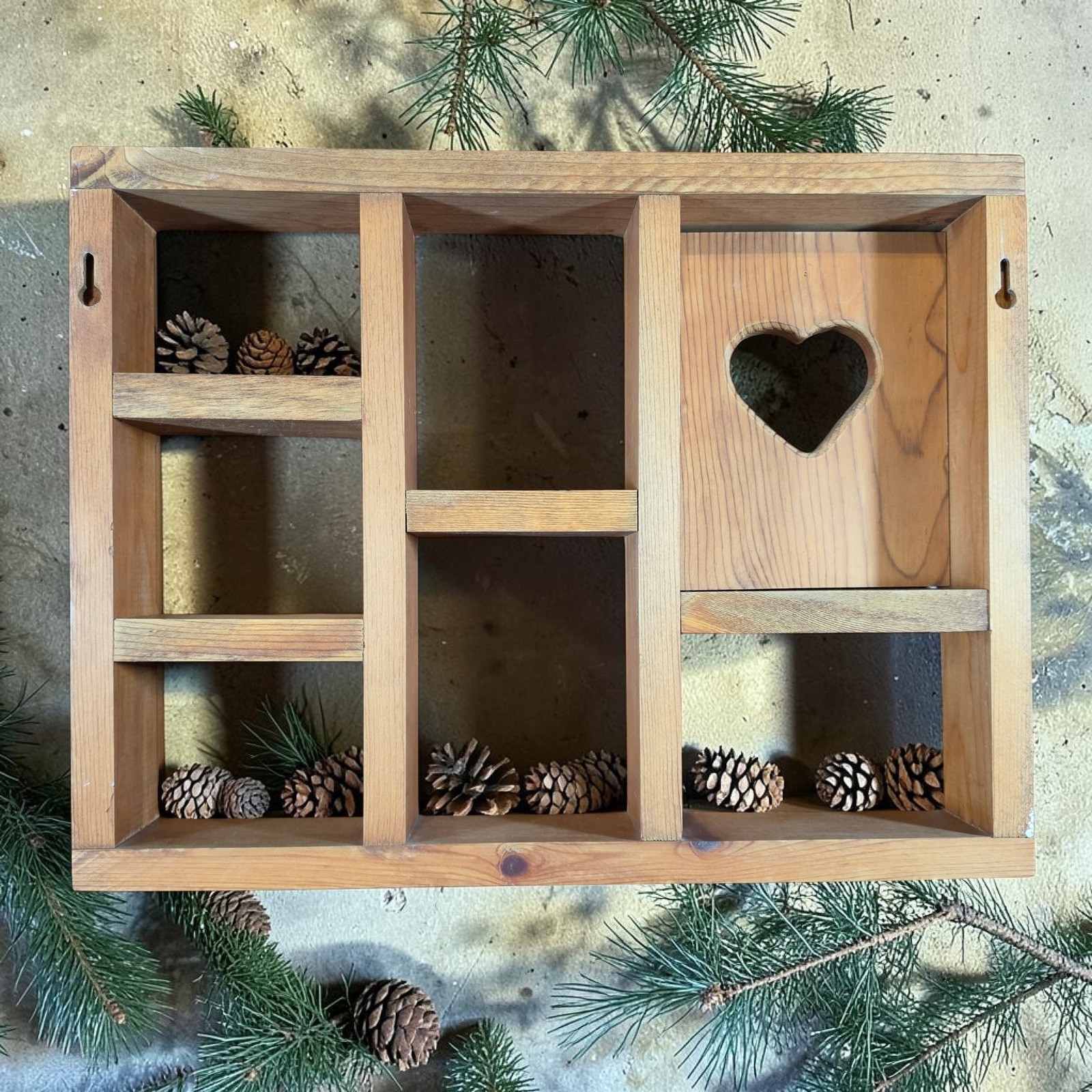 Vintage Rustic Wood Shadow Box Wall Shelf Heart Cutout Curio Display Cabinet gallery