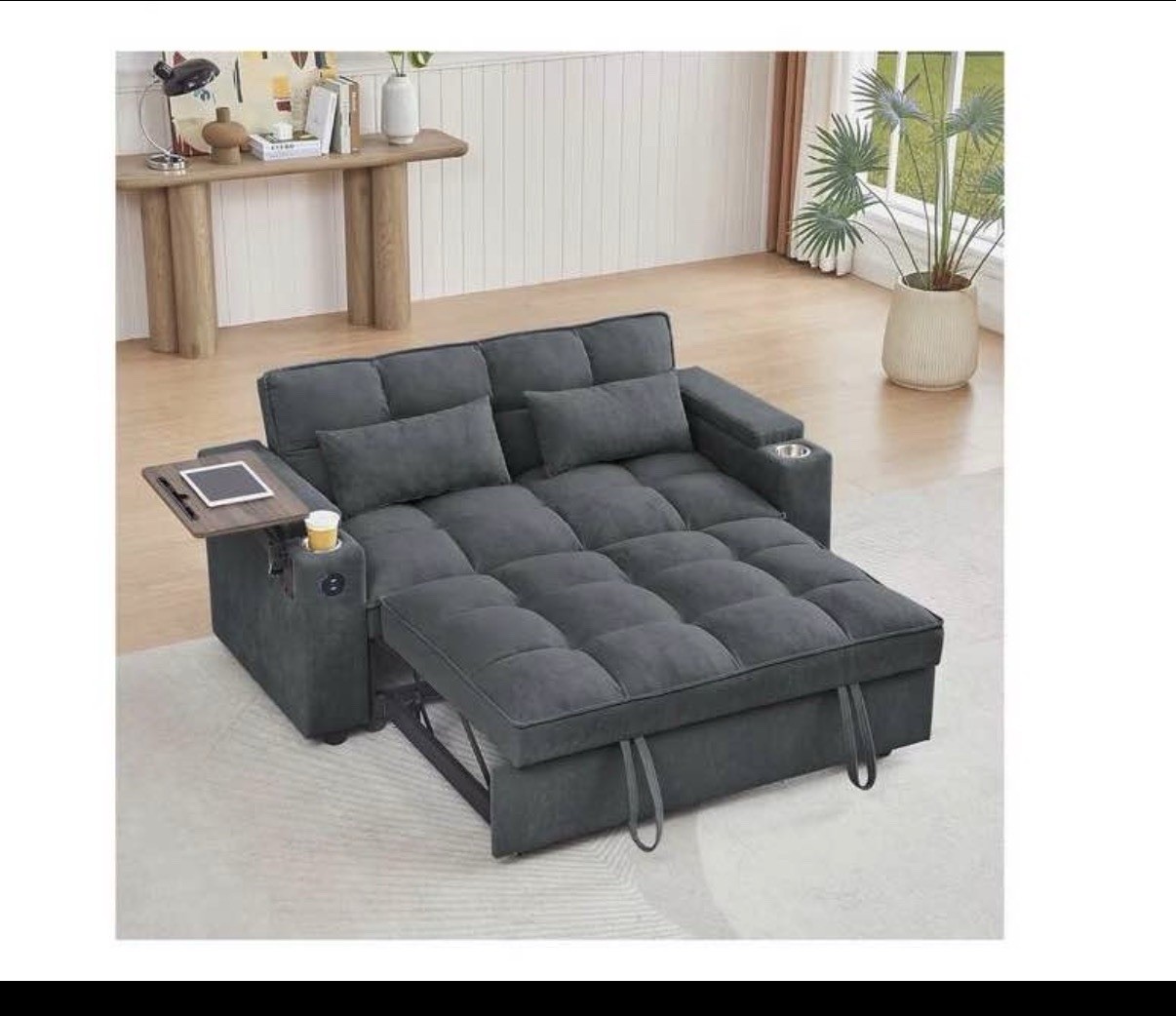 Dark Gray Velvet Convertible Sleeper Sofa Double with Storage and Side Table gallery