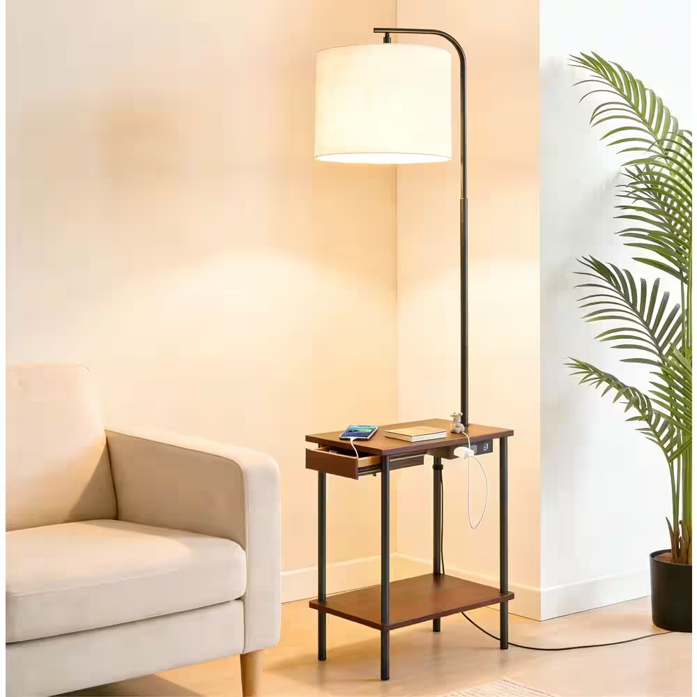 62 In. Walnut Dimmable Tray Table Standard Floor Lamp with USB Charging Port plu gallery
