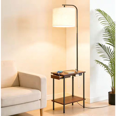 62 In. Walnut Dimmable Tray Table Standard Floor Lamp with USB Charging Port plu