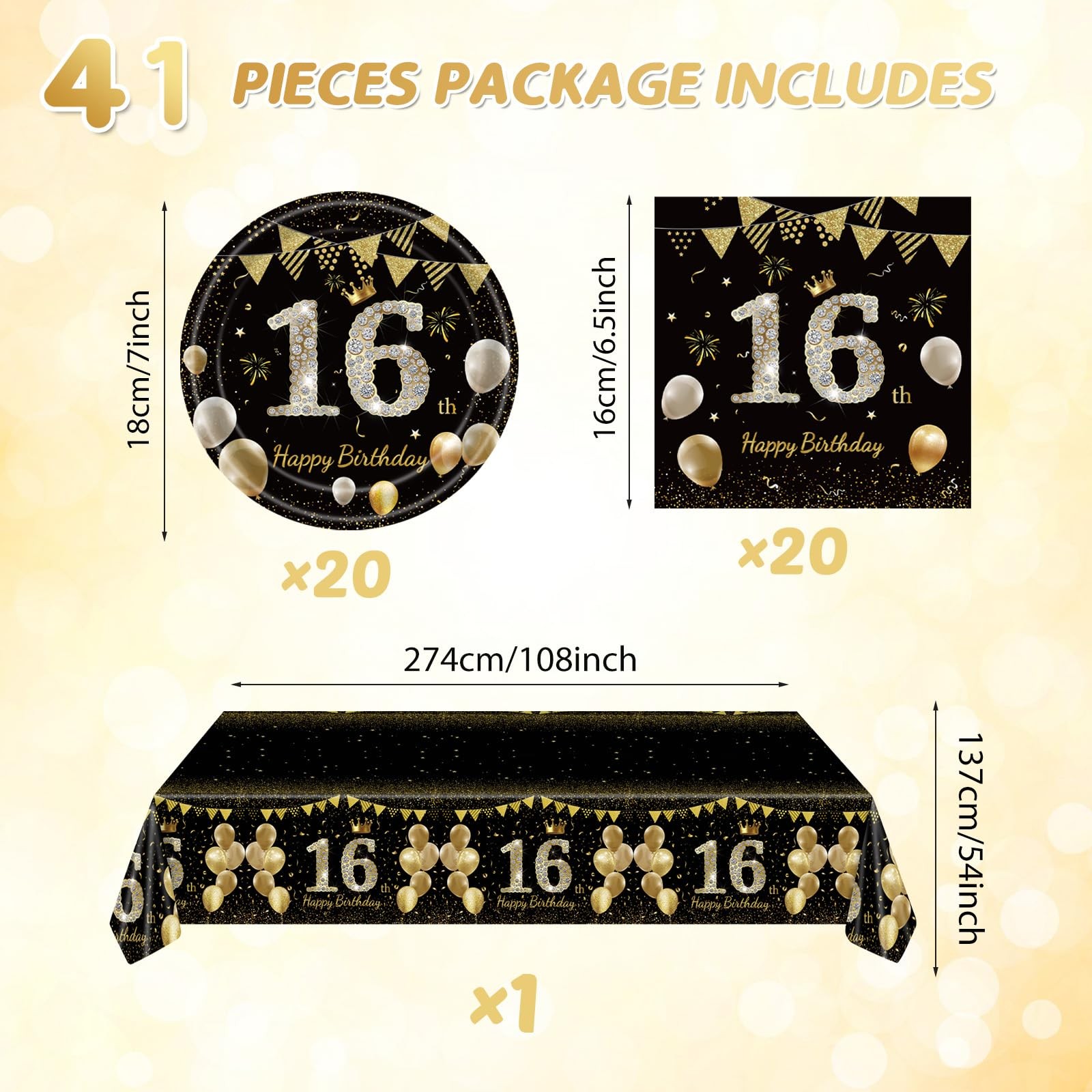 16th Birthday Decorations Black Gold Official Teenager Tableware 41 PCS gallery