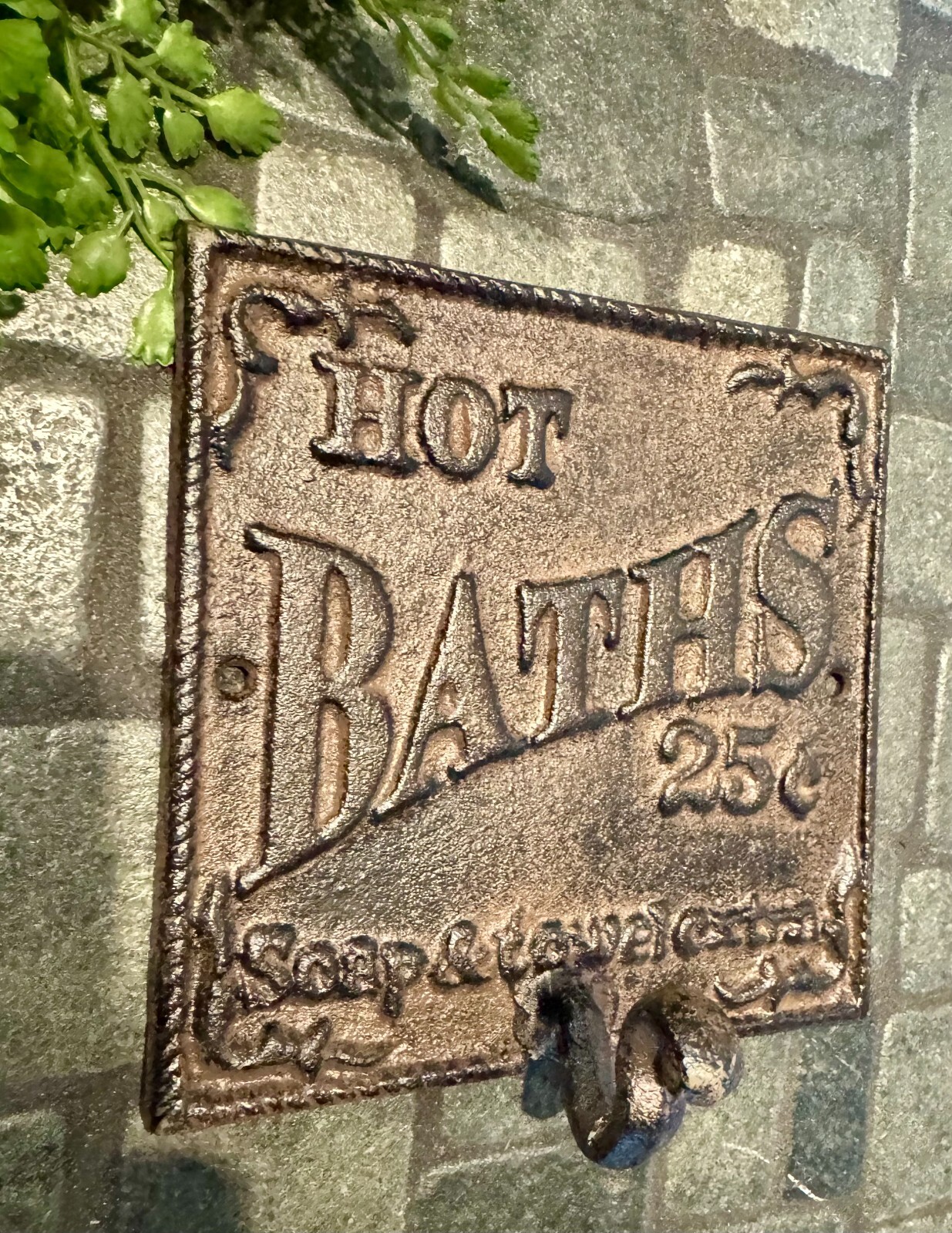Rustic Country Primitive Cast Iron Hot Baths Bathroom Towel Hook Hanger Sign NEW gallery