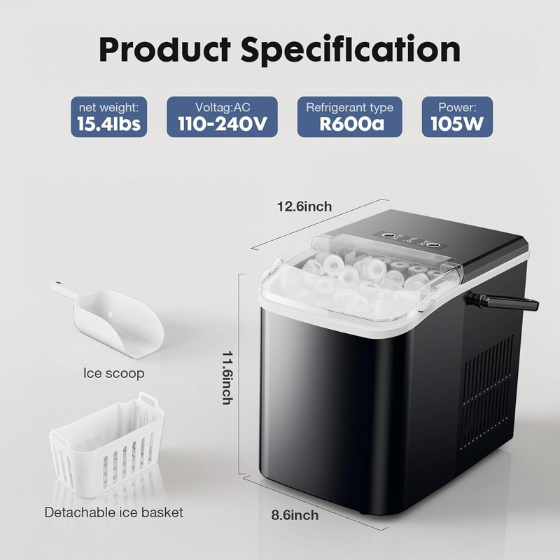 Portable Countertop Ice Maker Self Cleaning 26.5lbs/24H 9 Cubes in 6 Min w Scoop gallery