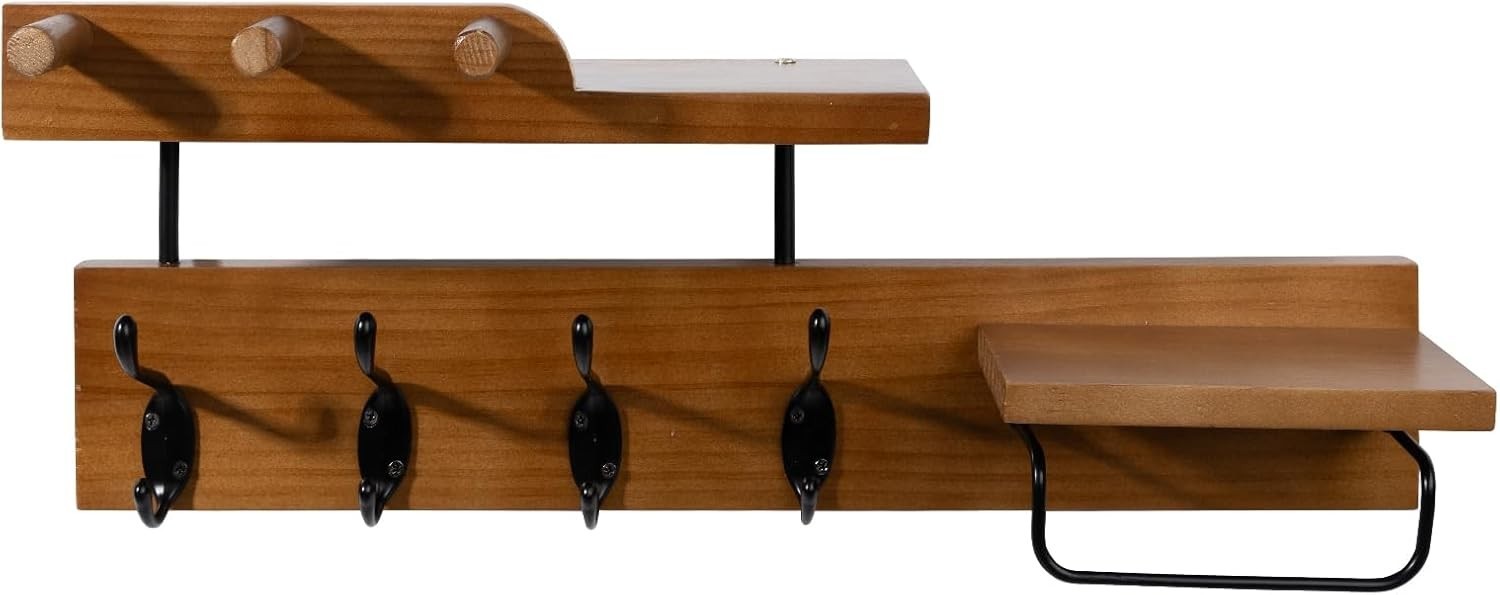 Wooden Wall-Mounted Coat Hanging Rack with Shelf and Hooks, Rustic - Brown Black gallery