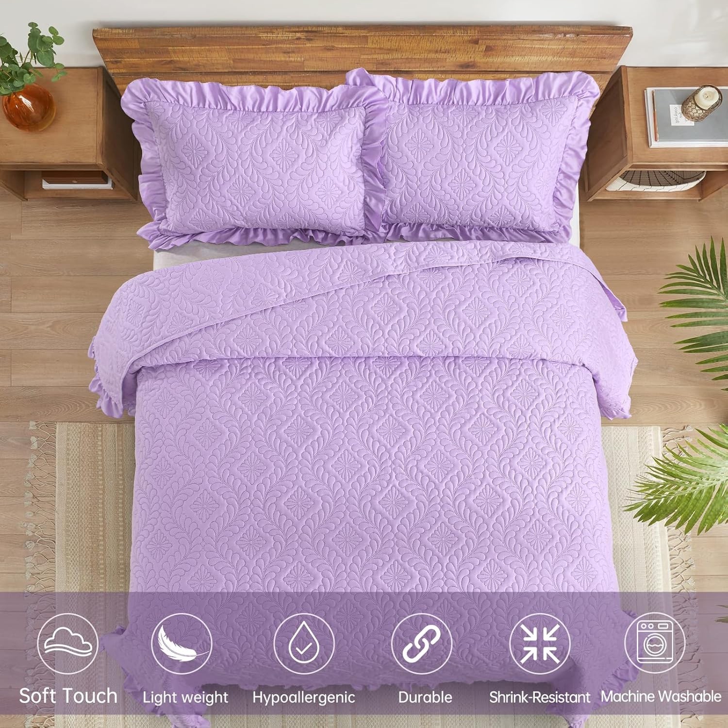 Quilt Set Bedspread Bedding Set, Purple Ruffled Lightweight Queen Lavender gallery