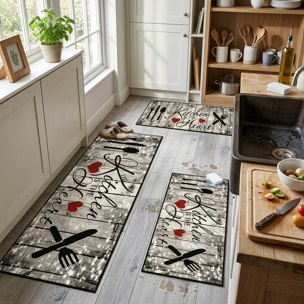 Non-Slip Washable Kitchen Floor Mat with Rustic Utensil Print Crystal Velvet gallery