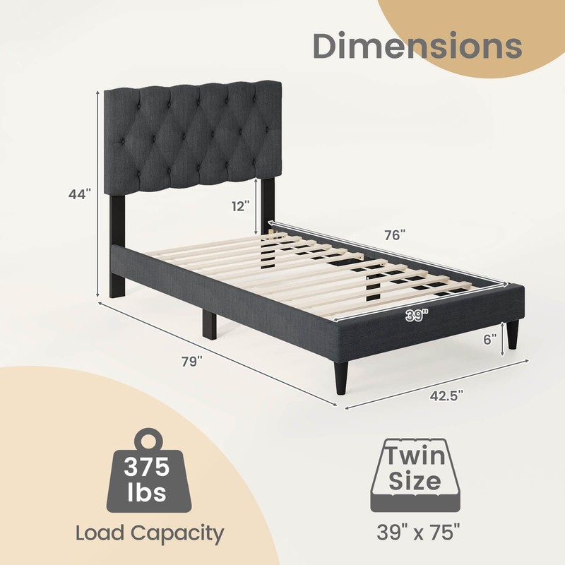 Twin Size Bed Frame w/ Button-Tu'ed Headboard & Wooden Slats Easy Assembly gallery