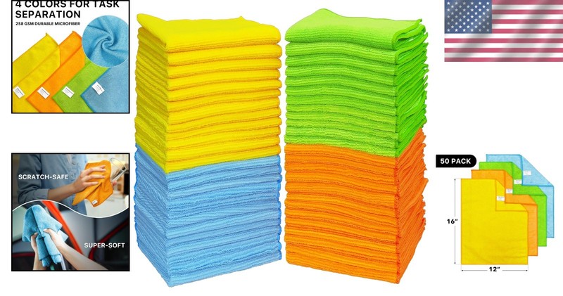 Colorful 50-Pack Microfiber Cleaning Cloths - Super Soft & Streak-Free, 12x16" gallery