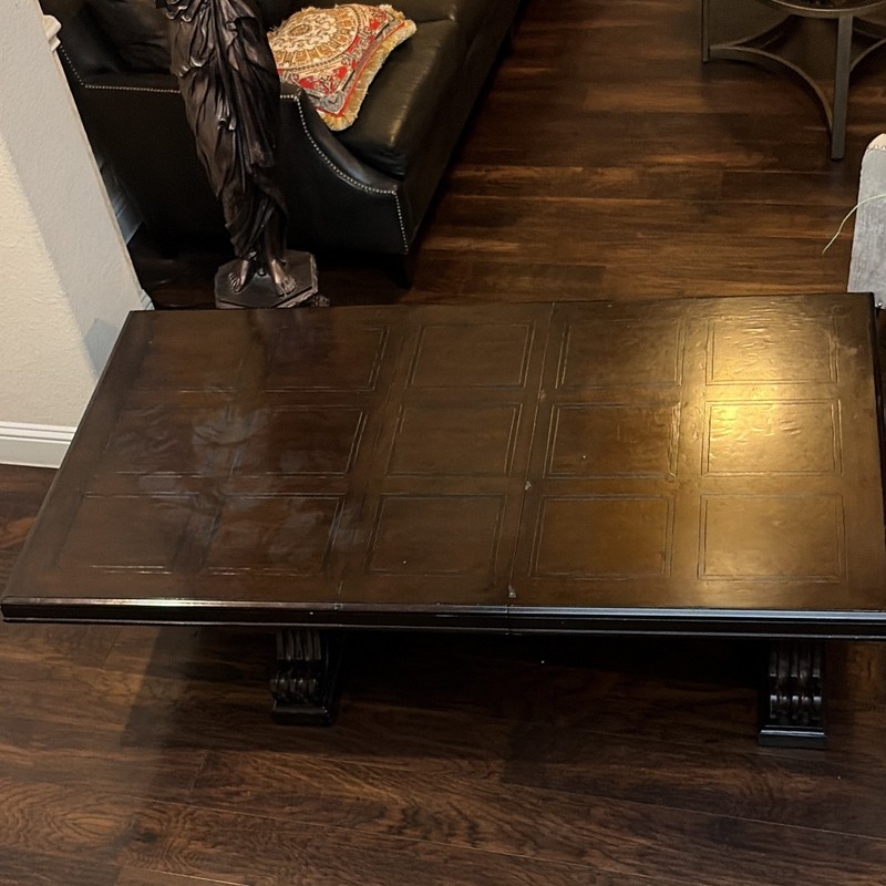 Dark Wood Rectangular Coffee Table w/ Carved Paneled Top, 41-50 x 30-40 gallery