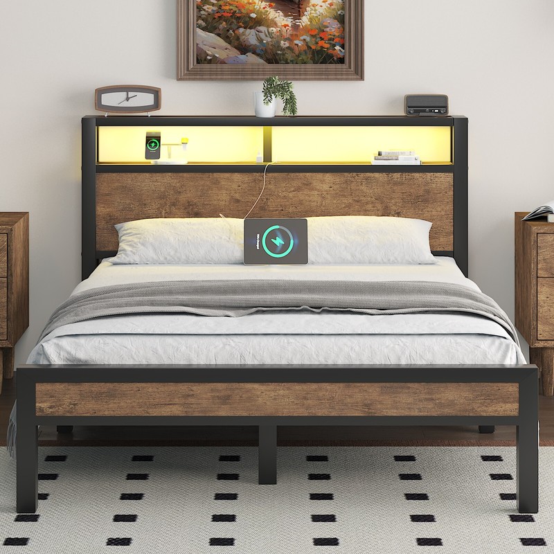 Full Size Bed Frame Heavy Duty Platform Bed with Storage Headboard and LED Light gallery
