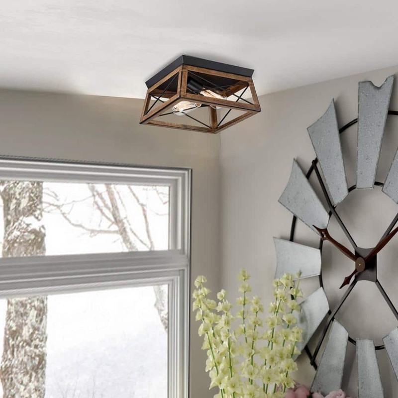 Hukoro 12"W 2-Light Flush Mount Light Matte Black with Barnwood Accents NF70492 gallery