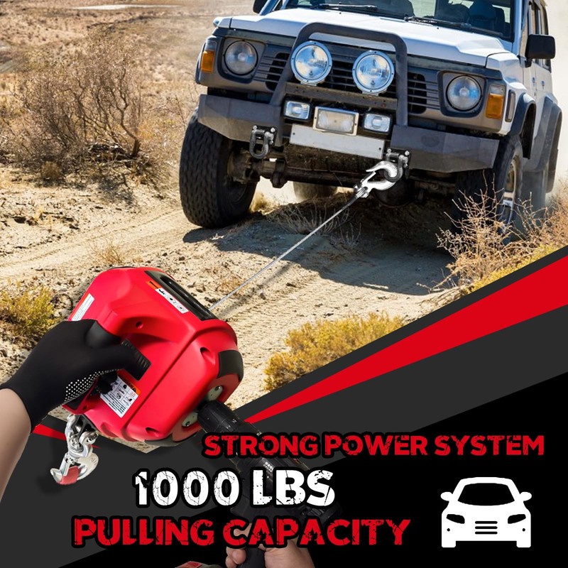 SENKEYFE Drill Powered Portable Winch 1000LBS, with 40FT Red gallery