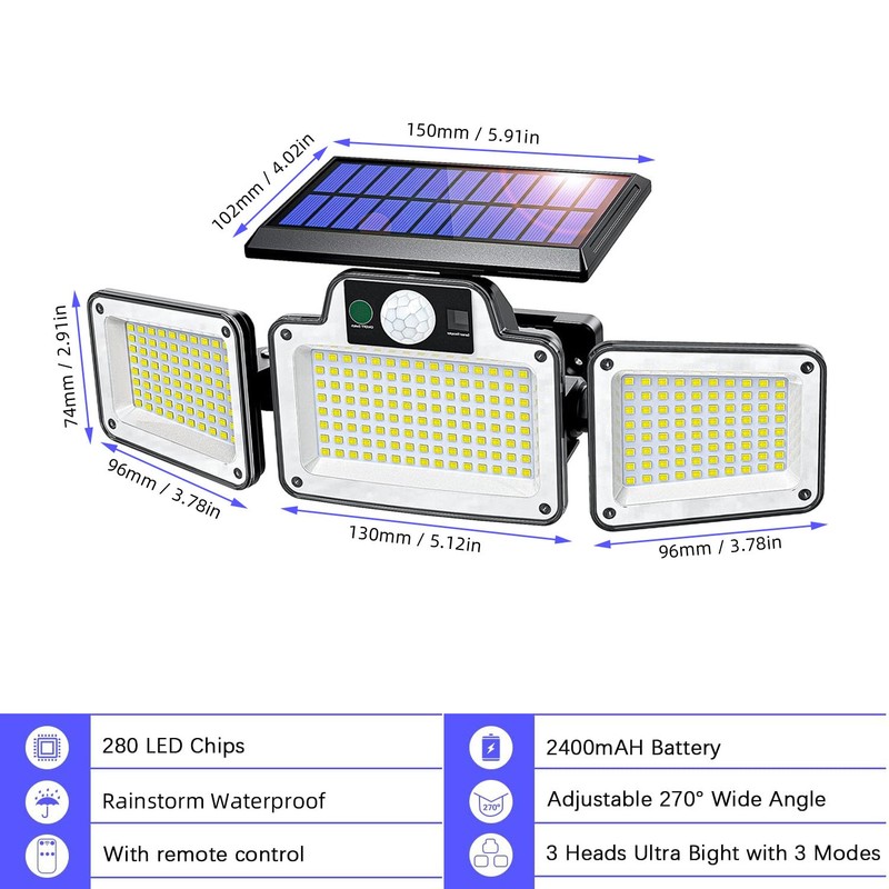 2 Pack 280 LED Motion Sensor Solar Lights Outdoor IP65 Waterproof Security Lamp gallery