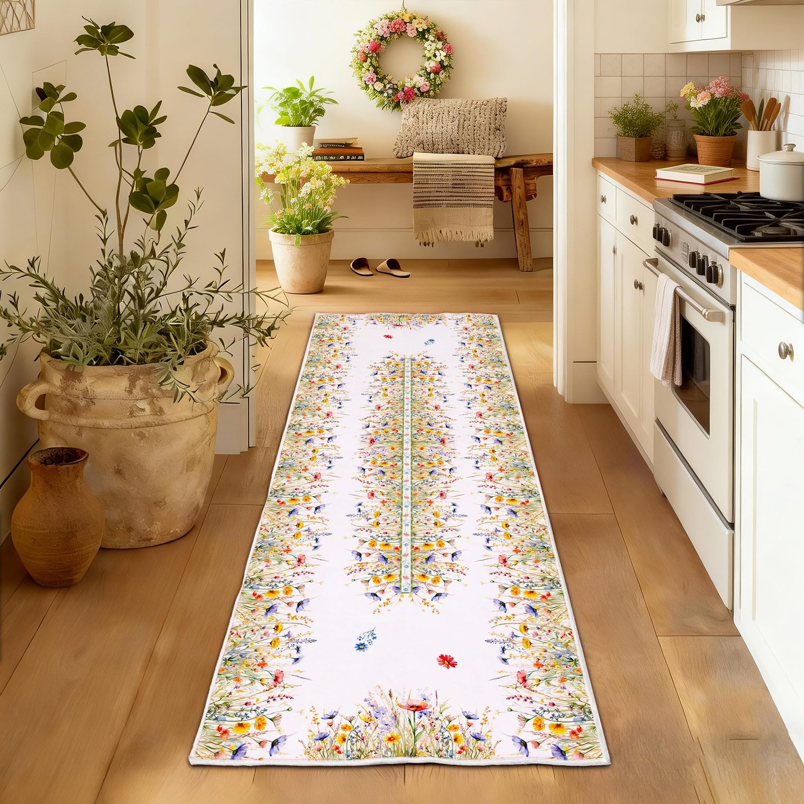 Washable Runner Rug 2x6, Floral Kitchen Mat - Faux Wool Non Slip Low Pile Spr... gallery