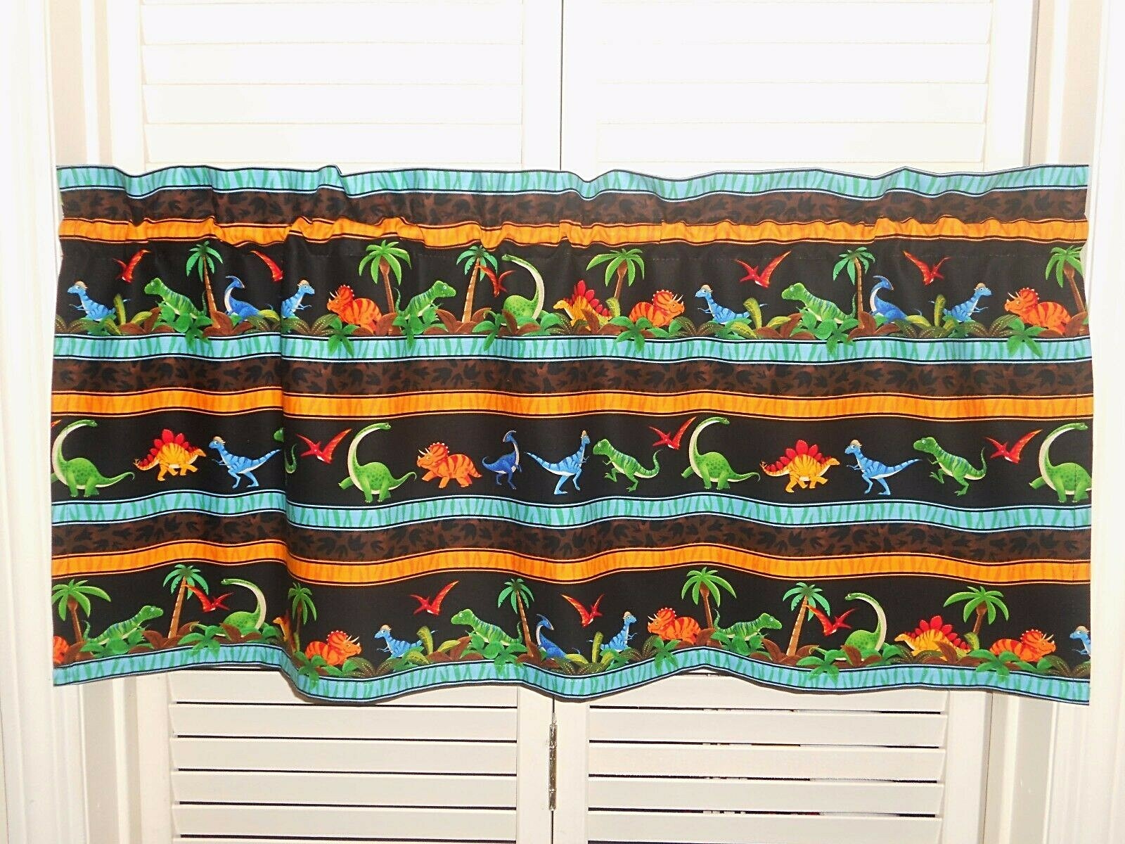Dinosaur Valance Curtain Kids Classroom Turquoise Orange Blue Stripe 36 x 17 gallery