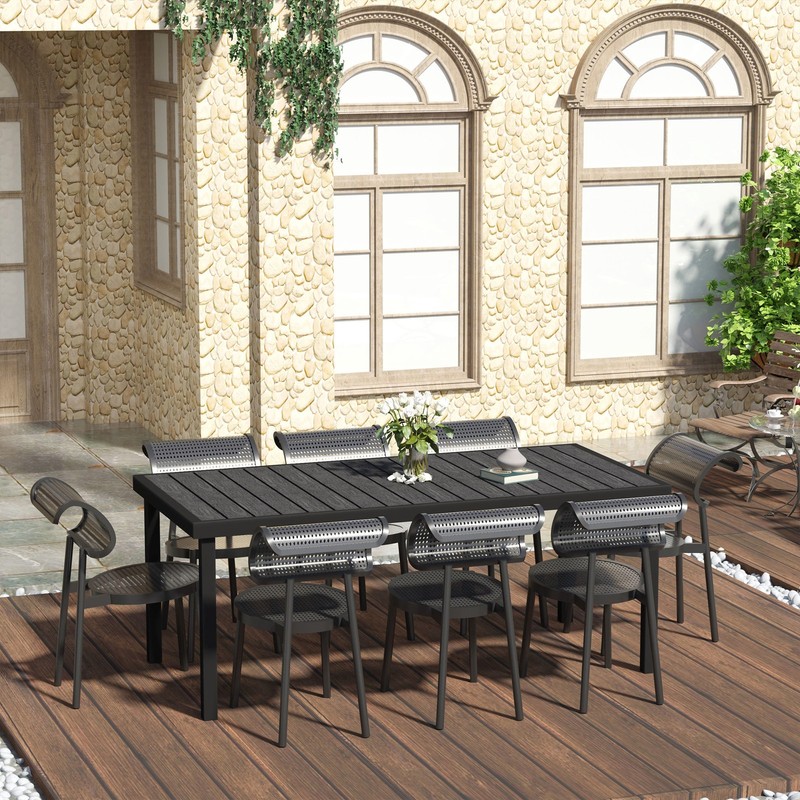 75x35in Outdoor Dining Table for 8 Aluminum Faux Wood Patio Table Black gallery