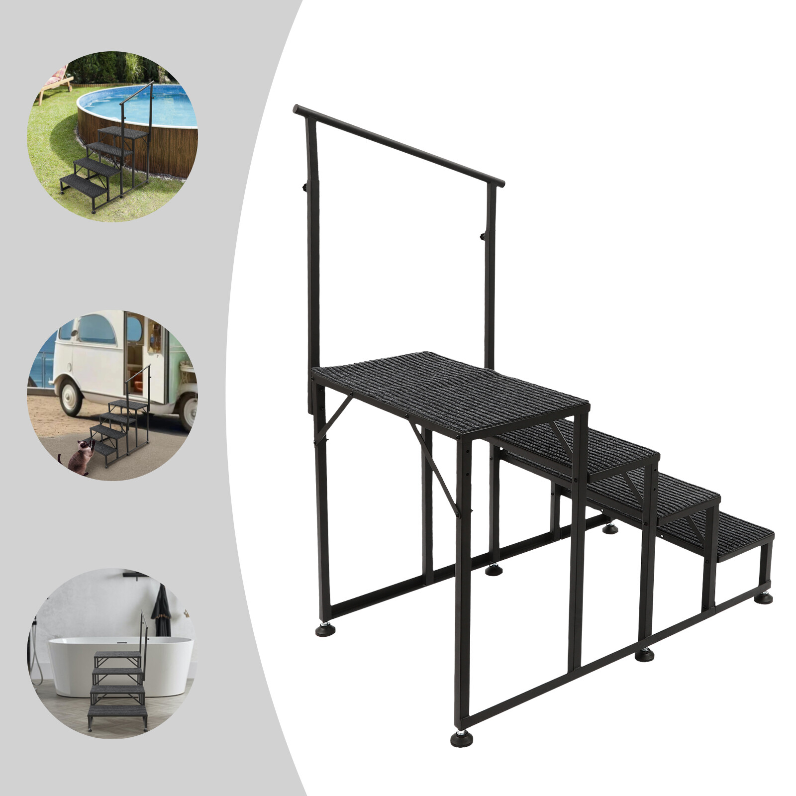 4-Step Steel Pool Steps 450 lb Load Floor-Mount Handrail Black for Above-Ground gallery