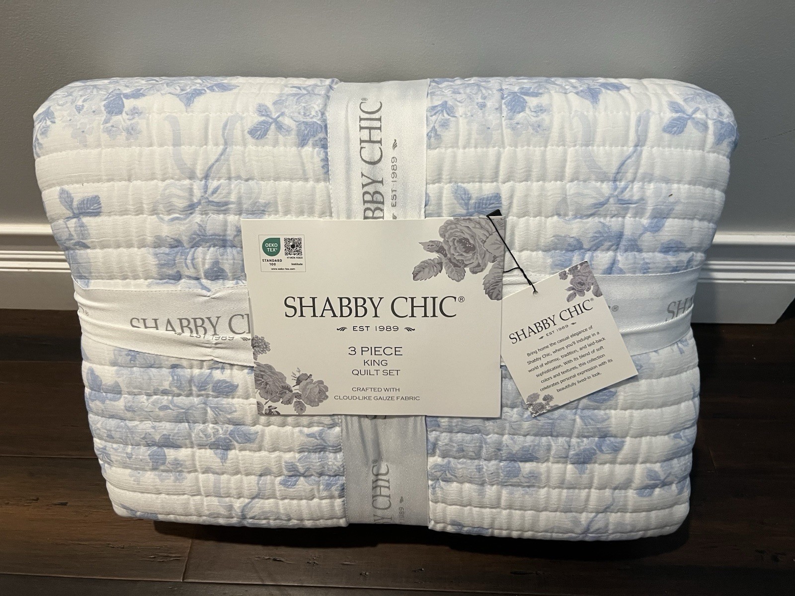 Shabby Chic King Reversible Quilted 3-Piece Quilt Set Blue White Floral 106x90 gallery